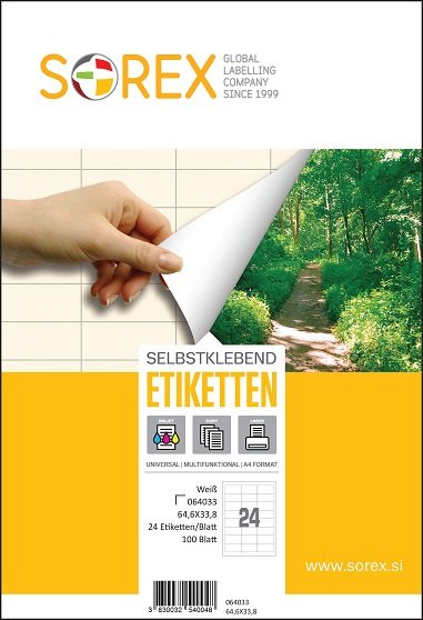 Etiketa laser/inkjet/copy 64,6x33,8 Sorex 100/1