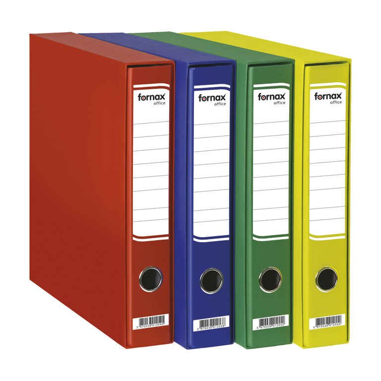 Registratori A4 uski u kutiji Office Fornax; Otisnuta etiketa na hrbtu; kaširan (cijeli presvučen papirom); uložak je presvučen 100 g, a kutija 115 g offset papirom u boji; debljina uloška: 1,5 mm, a debljina kutije: 1 mm