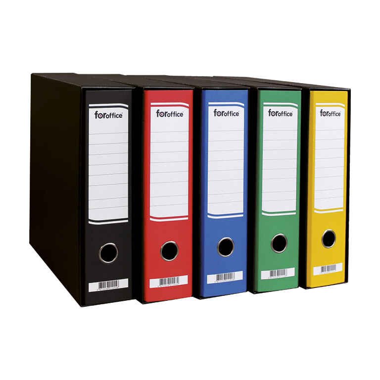 Registrator a4 široki foroffice REGISTRATOR U KUTIJI FORoffice otisnuta etiketa na hrbtu; uložak je kaširan 100 g offset papirom u boji, a kutija izrazito crna zaštičena lakom; debljina uloška: 1,5 mm, a debljina kutije: 1,4 mm (ljepljena kutija od valovitog kartona)