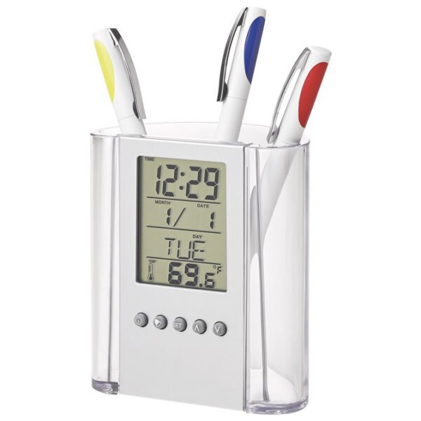 Sa satom, kalendarom, alarmom i termometrom; baterija uključena. Čaša za olovke multifunkcijska prozirna