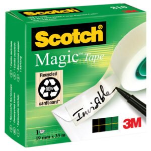 Traka ljepljiva nevidljiva 19mm 33m Scotch Magic-810 3M. Traka ljepljiva nevidljiva 19mm/33m Scotch Magic-810 3M Boja: prozirno bijela Nevidljiva; ne ostavlja vidljive tragove prilikom fotokopiranja; s vremenom ne žuti; može se po njoj pisati; odvaja se tiho i bez kidanja; kida se prstima;
