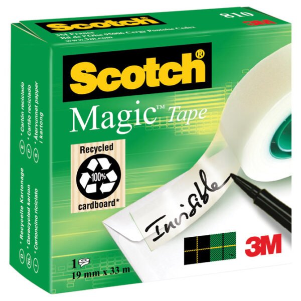 Traka ljepljiva nevidljiva 19mm/33m Scotch Magic-810 3M Boja: prozirno bijela Nevidljiva; ne ostavlja vidljive tragove prilikom fotokopiranja; s vremenom ne žuti; može se po njoj pisati; odvaja se tiho i bez kidanja; kida se prstima;
