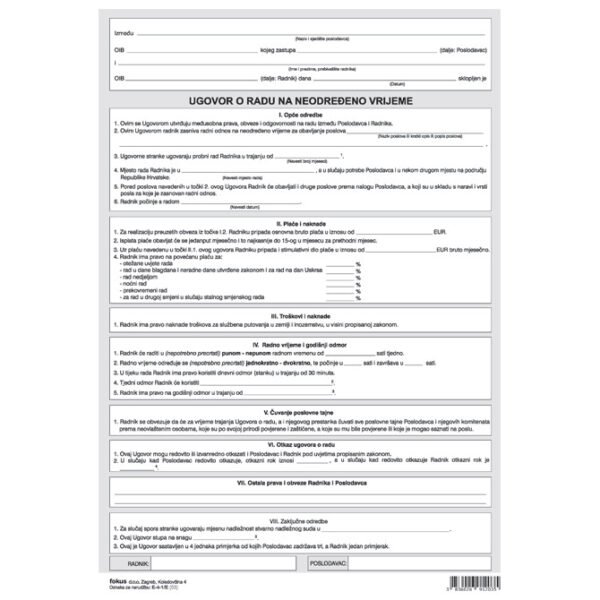 Obrazac E-4-1/E ugovor o radu na neodređeno vrijeme