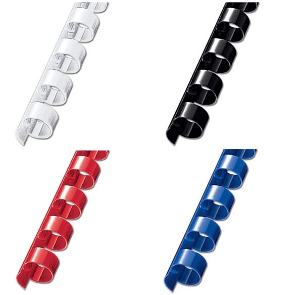 Spirala plastična za uvez 22mm 50kom-boje; Format: A4  Materijal plastika;    Uvez do 180 listova
