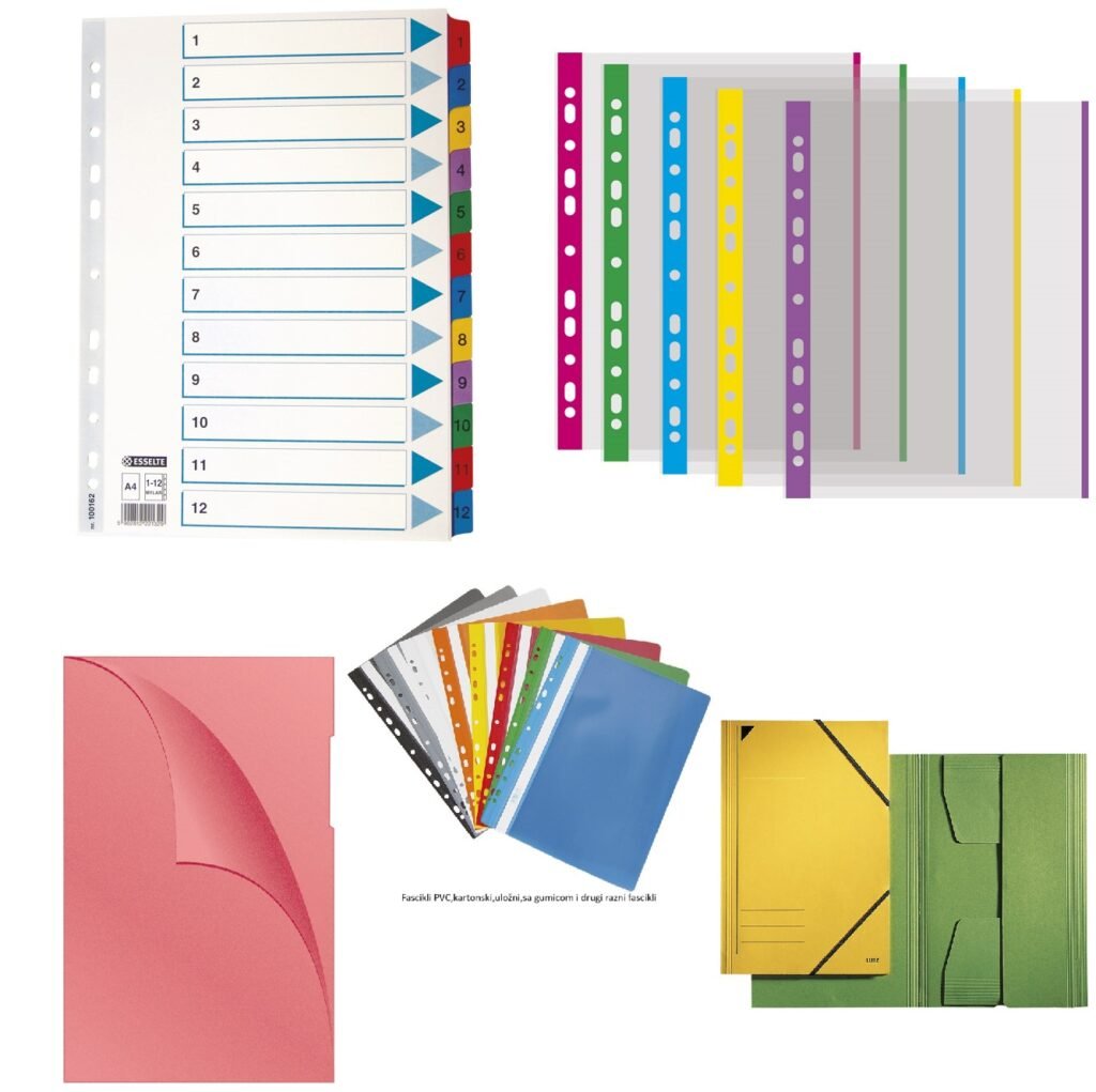 Fascikli kartonski i PVC, uložni,pregrade kartonske u boji,sa slovima ili brojevima.Fascikli uložni "U" ili "L".
