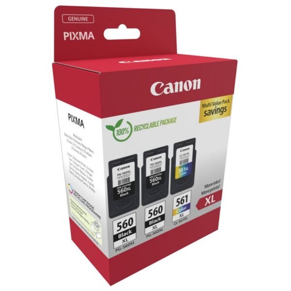 canon-pg-560xl-x2-cl-561xl-high-yield-ink-cartridge-multipack-product-package-angled-view Canon multipack PG-560XL x 2 + CL-561XL, Tintni ulošci ili toneri CANON; Originalni spremnici s tintom tvrtke Canon