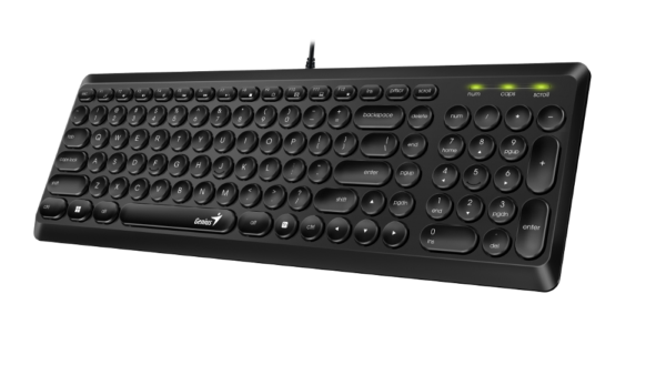 Genius SlimStar Q200, tipkovnica, USB, crna; Multimedijska žična tipkovnica s okruglim tipkama; SučeljeUSB;  Oblik tipki: okrugli;  Funkcijske tipke: Da, 12 (8 audio, 4 internet)Boja: Crna; Duljina kabela: 1,5 m