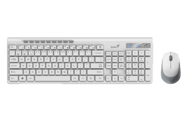 Genius SlimStar 8230, bež. tipkovnica i miš, silent; Bežični set tipkovnica i miš; Sučelje Bluetooth v5.3;   2.4GHz; Karakteristike miša: Broj tipki: 3;  Senzor: optički;  Rezolucija: 1200 DPI; Sistemski zahtjevi 2.4GHz: USB priključak; 