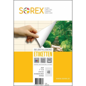 Etiketa laser/inkjet/copy fi 20 Sorex 100/1;  - 48 etiketa na listu, 4800 etiketa u pakiranju;  - 100 araka u pakiranju;  - pogodne za ispis na svim pisačima i fotokopirnim strojevima;  - format A4