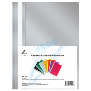 Fascikl klizna mehanika A4 1/1 siva;  - format A4, dimenzije 225x305mm  - prednja strana prozirna 100mic, stražnja strana 180mic siva  - dužina pera 145mm
