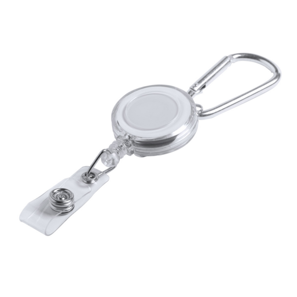 Kvačica potezna za ID kartice sa aluminijskim karabinjerom;  - dužina vezice 80cm  - metalna klipsa na poleđini za remen, aluminijski karabinjer  - boja bijela 