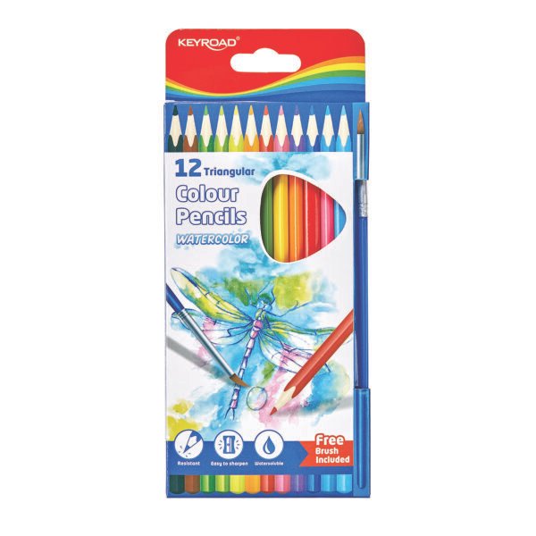Boja drvena 12/1 trokutasta Aquarel + kist Keyroad;  - 12 Aquarel bojica + kist